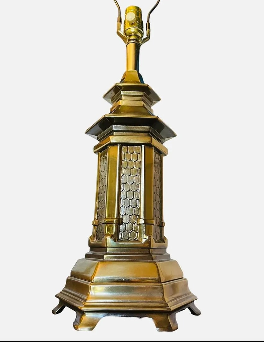 Vintage Heavy Brass Chinoiserie Hollywood Regency Pagoda Table Lamps-A Pair - 4