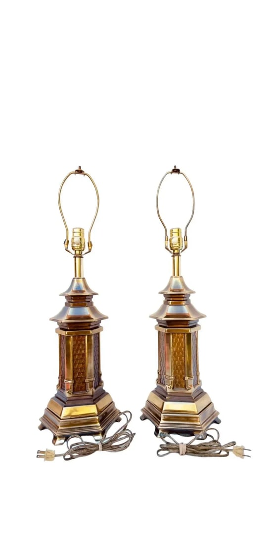 Vintage Heavy Brass Chinoiserie Hollywood Regency Pagoda Table Lamps-A Pair - 6