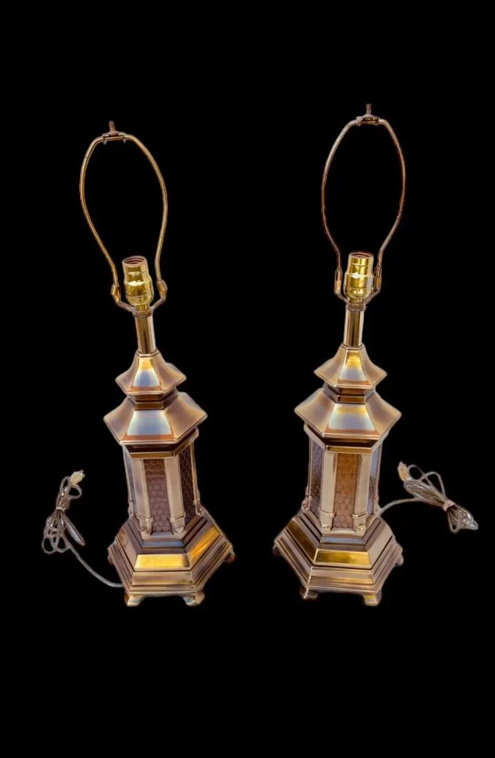Vintage Heavy Brass Chinoiserie Hollywood Regency Pagoda Table Lamps-A Pair - 7