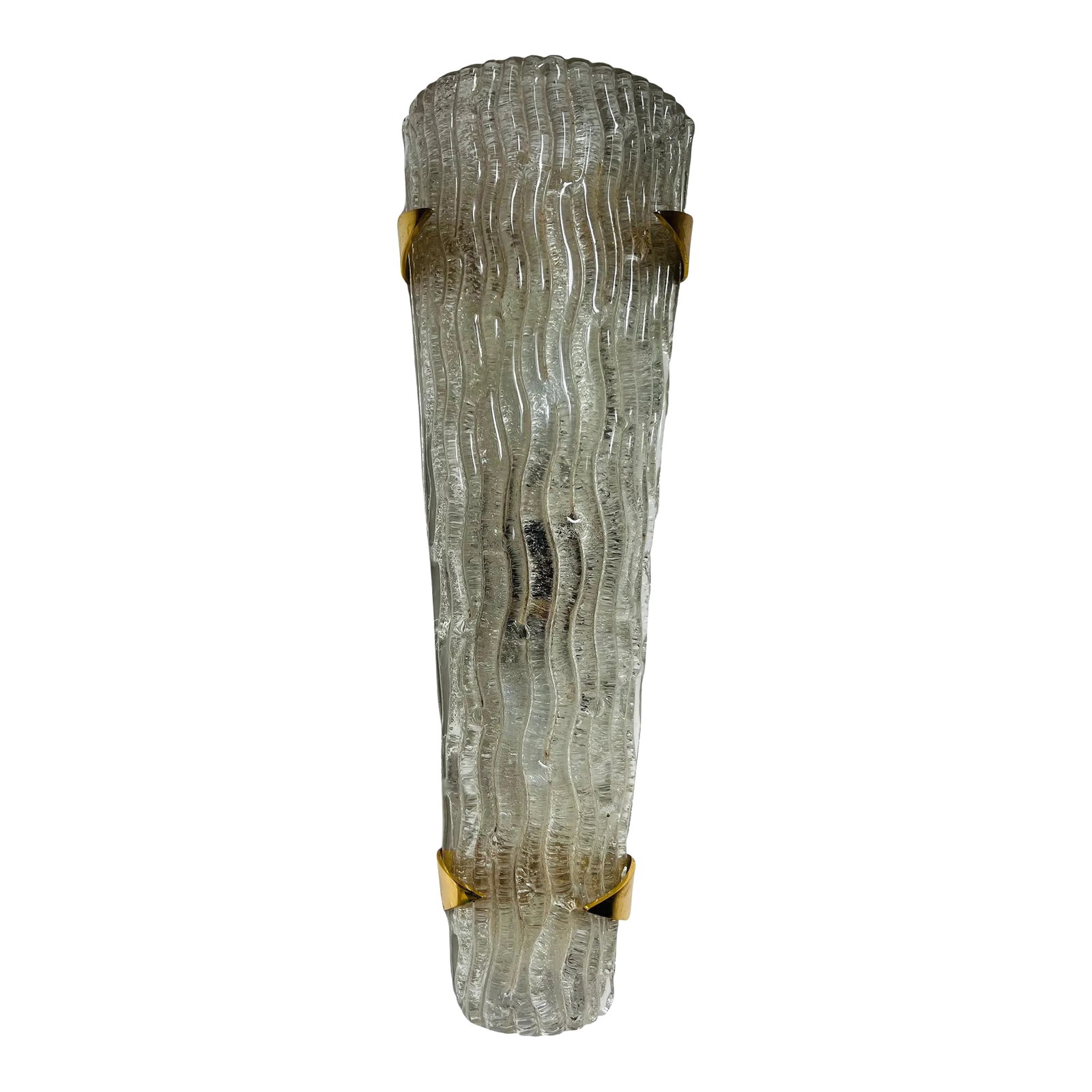 Large a French Arlus 1950s Glass Mid Century Wall Lamp: A beautiful large French 1950s textured ribbed heavy glass wall light with triangular golden brass fittings by Arlus. Rewired. Two candelabra sockets. Voltage: 110-150v Condition: Alterations: Origina