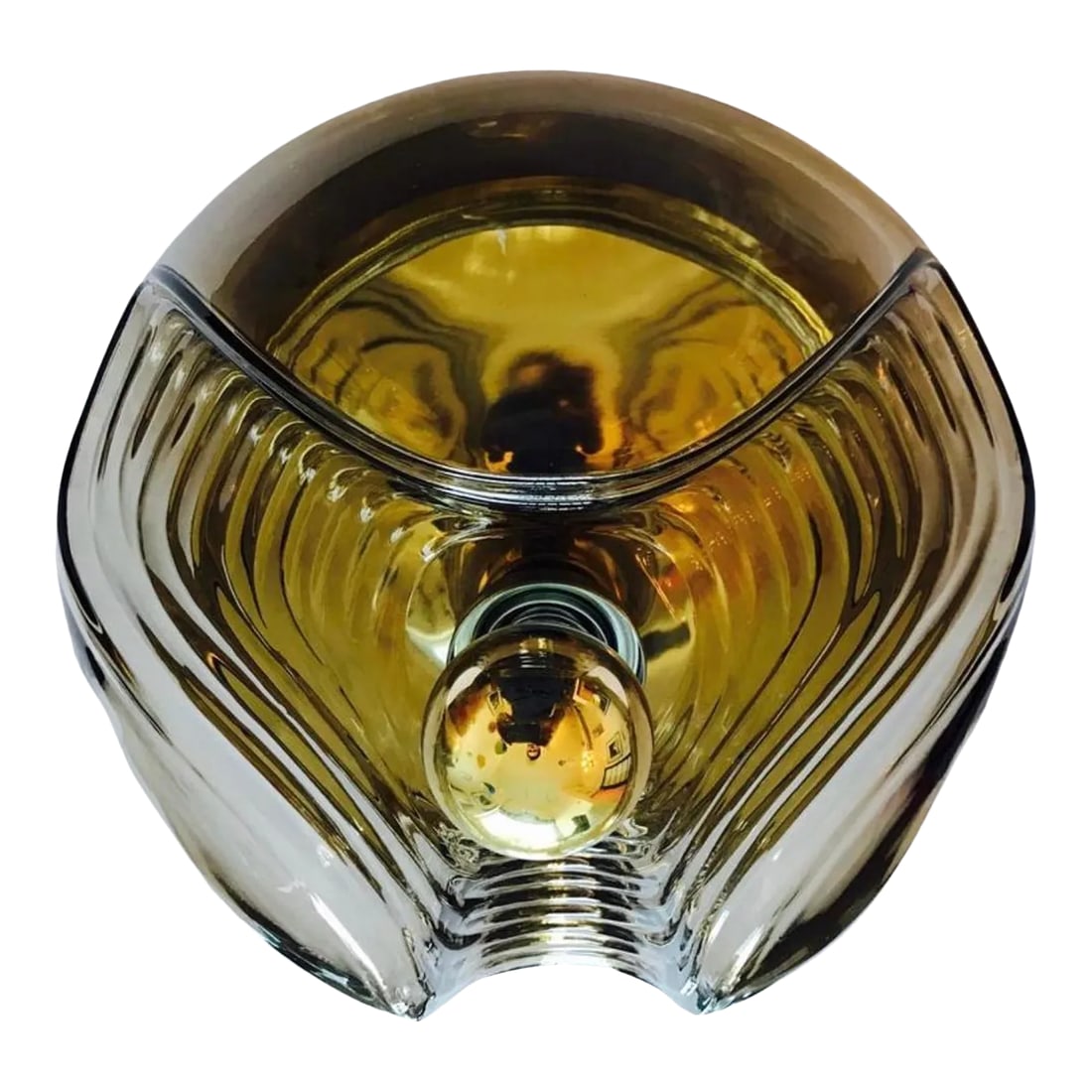 Peill Putzler Large Smoked Wave German 1960 Flush Light Mid Century: A great 1960s light smoked Space Age Flush lamp with a decorative ribbed glass shade on a reflective gold body. Made by Peill and a putzler. Newly rewired. Voltage: 110-150v Condition: Alterations: