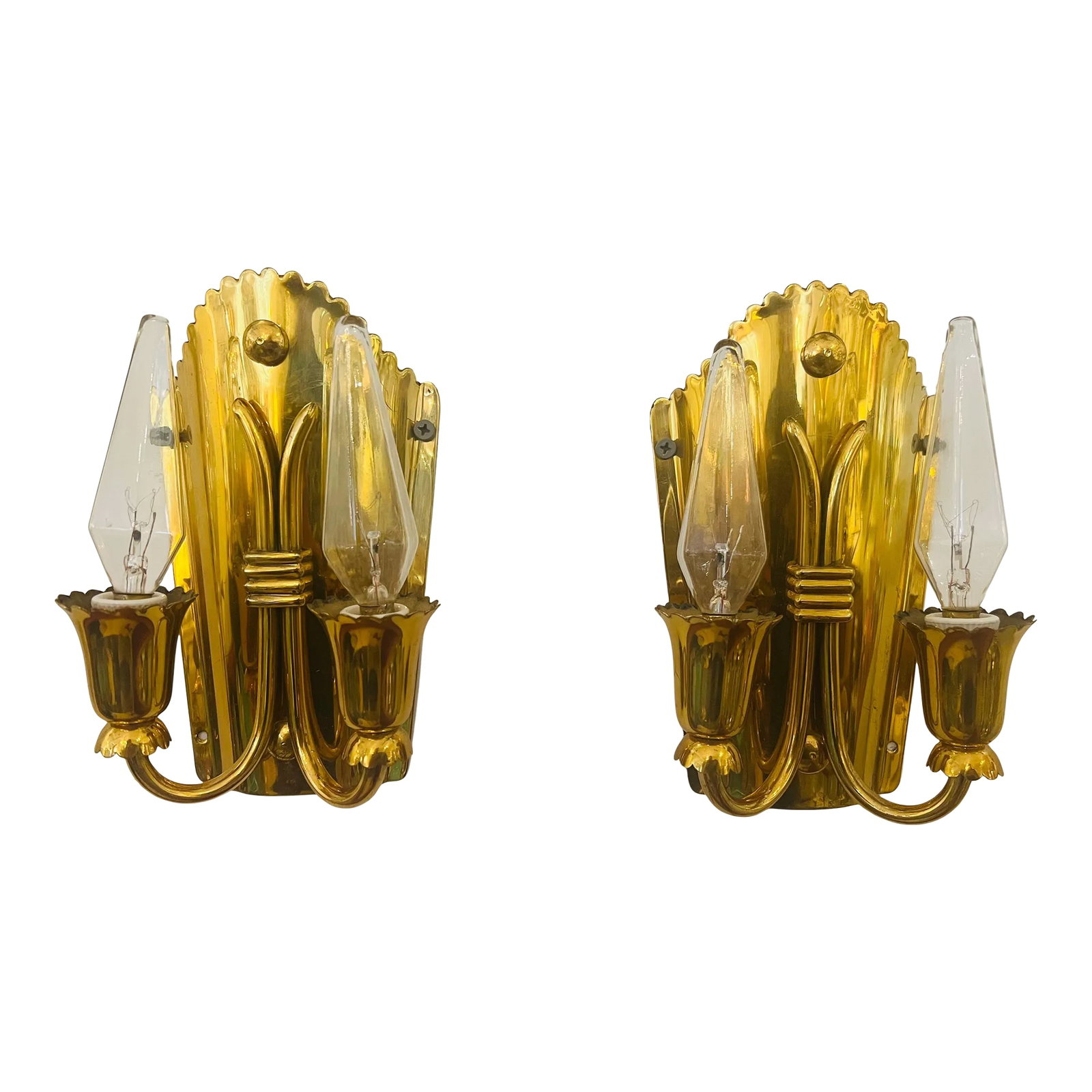 1960s Golden Brass Regency Italian Mid Century Wall Lamps - A Pair: Pair of golden brass 60s regency style Italian wall lights with two sockets each. Newly rewired. Voltage: 110-150v Condition: Alterations: Original Design Modified Imperfections: Some Imperfections