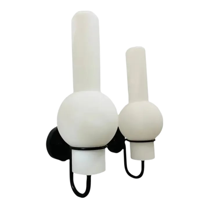 Dutch Raak 1960s Large Wall Lights Mid Century - A Pair: A wonderful pair of sleek black and white wall lights with tall glass shades circa 1960 by Raak. Original label. Rewired. Condition: Alterations: Original Condition Unaltered Imperfections: Some Imper