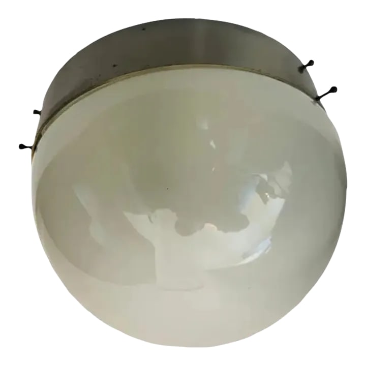 Sergio Mazza Artemis Clio Flush Ceiling Light 1960 Italian Mid-Century: A 1960s modern industrial style flush ceiling light in aged brushed steel with a glossy white opaline glass shade. Rewired. Condition: Alterations: Original Condition Unaltered Imperfections: Some