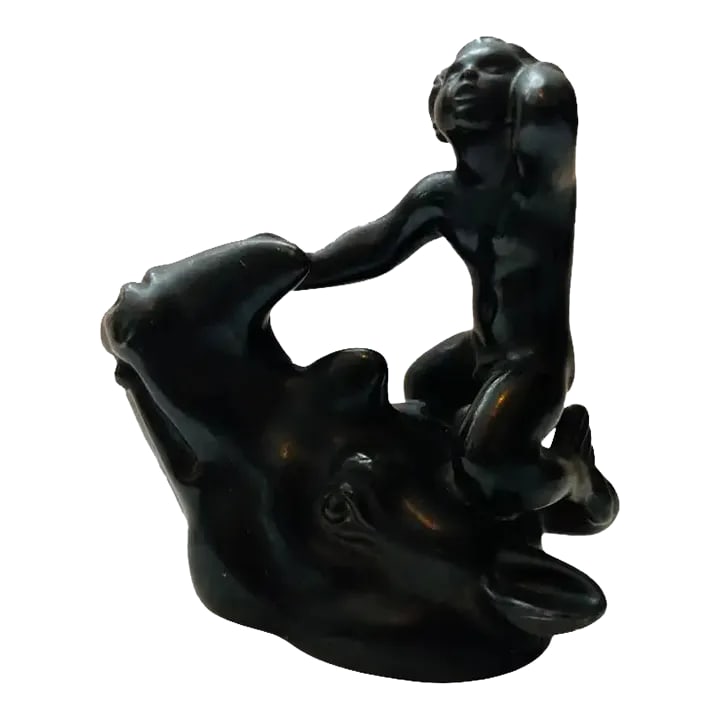 Just Andersen Rhino Merman Sculpture Paperweight Art Deco, 1920: A rare Jus Andersen sculpture or paperweight in patinated bronze called "Disko" of a Merman atop of a rhino head. Signed Condition: Alterations: Original Condition Unaltered Imperfections: Some Imperf