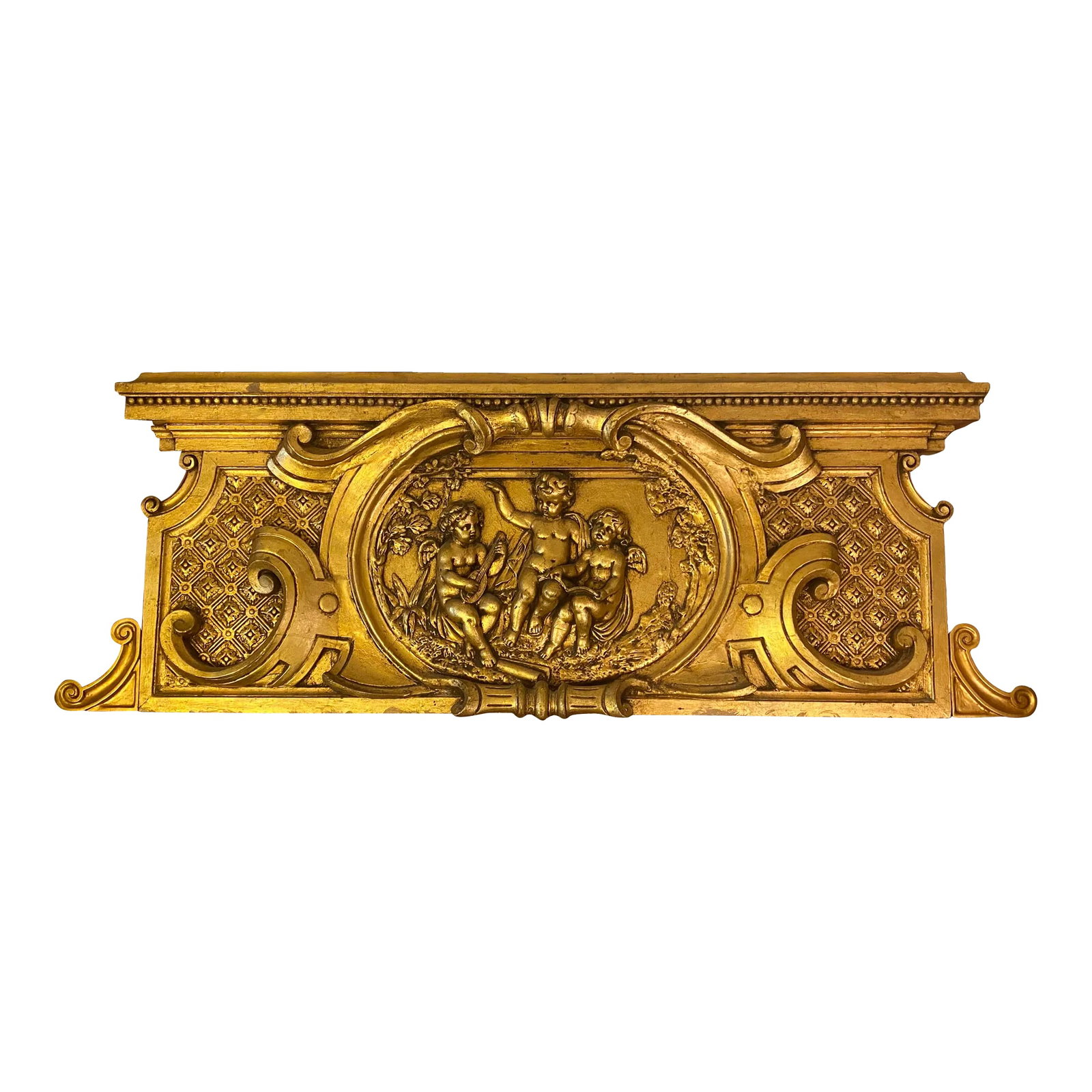 Late 19th Century Classical Revival Italian Cherubs Architectural Pediment: Elegant and substantial late 19th to early 20th century Neoclassical architectural pediment featuring a scene with cherubs at its center. This piece really makes a statement. Install it above an