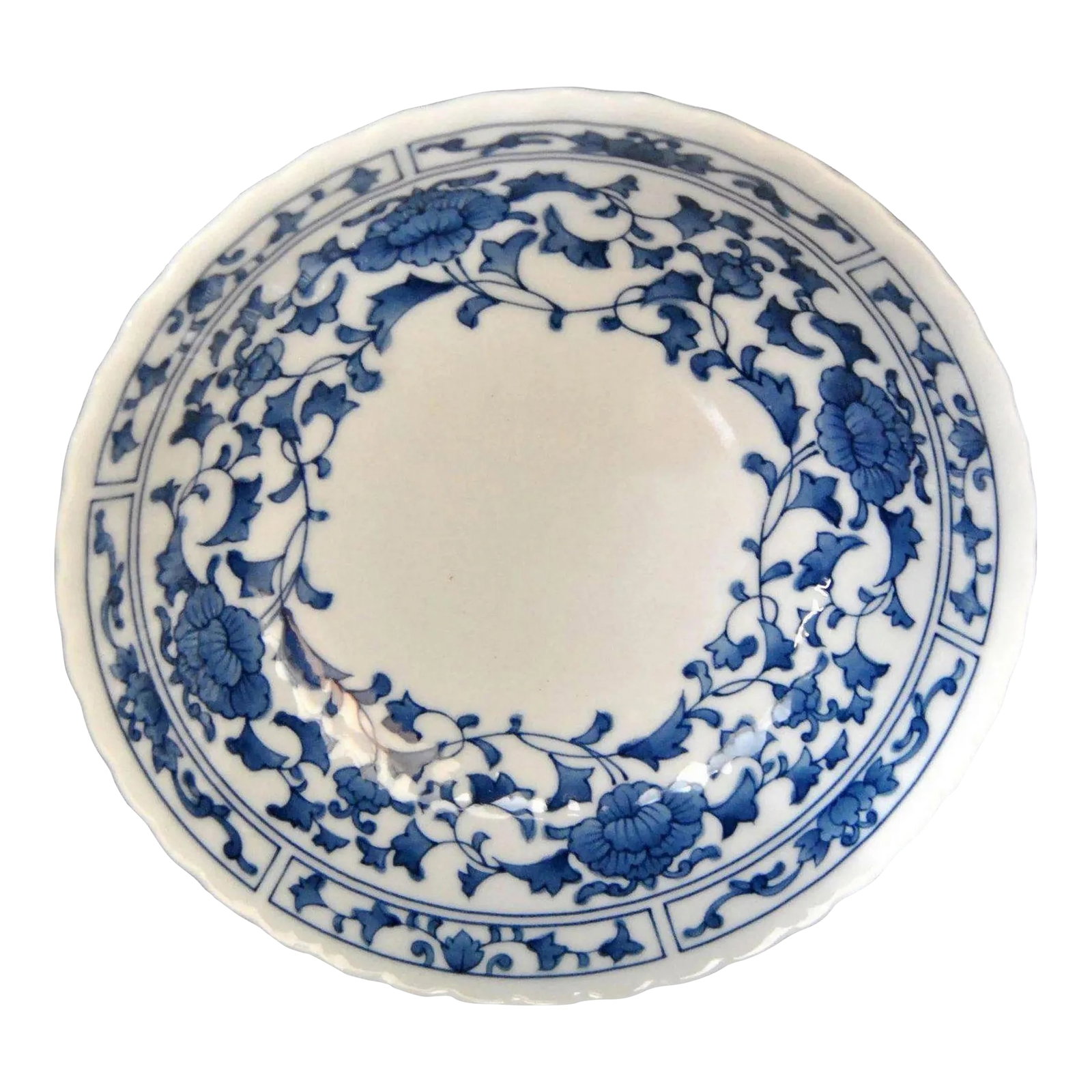 Chinese Lotus Blue White Ming Style Four Character Mark Inscribed Scalloped Dish (1 of 7)