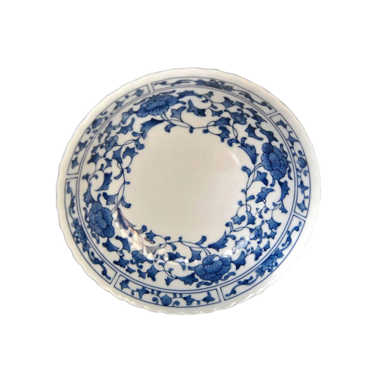 Chinese Lotus Blue White Ming Style Four Character Mark Inscribed Scalloped Dish - 7