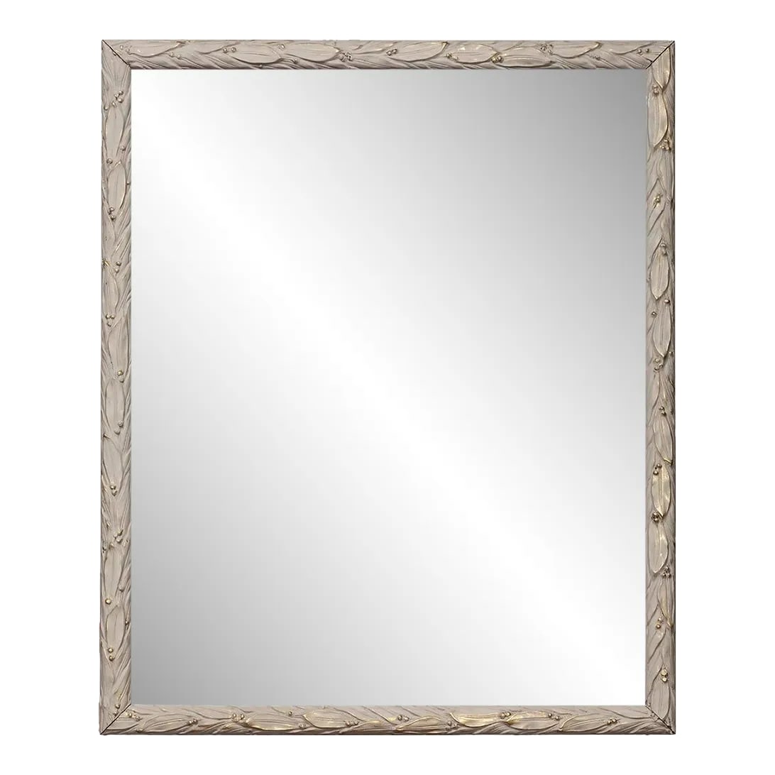 1990s Gold Accented Greige Carved Italian Framed Beveled Mirror: Italian hand painted mirror, incorporating both gold and antique neutral shades. Simple & elegant, the pale gold accents the leaf edges. Wired to hang both horizontally & vertically. Condition: