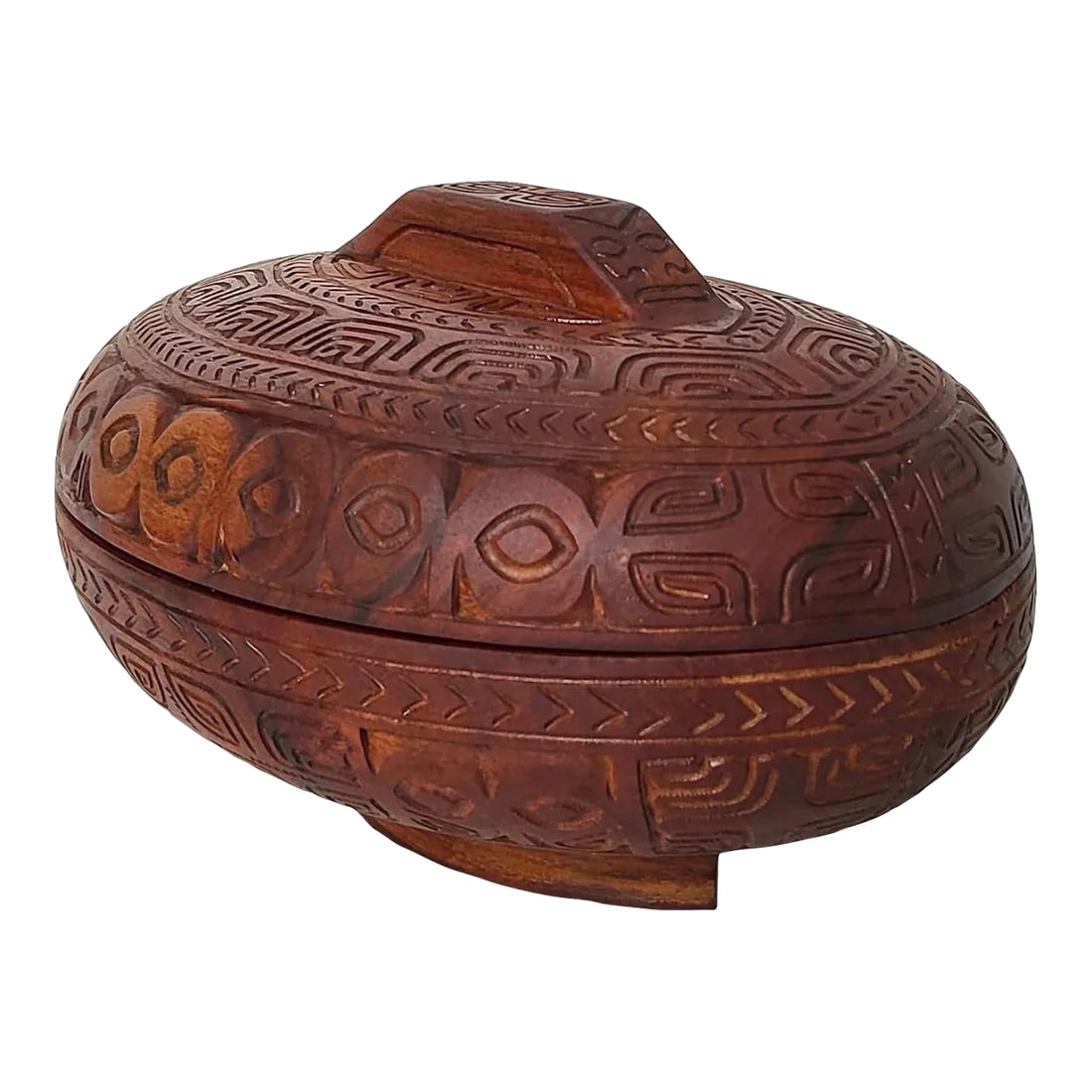 Handcarved Oceanic Wood Tureen: Found at an estate sale of a worldly traveler and collector, there is scant information available about this handcarved wood tureen, however, research indicates it appears to come from the Oceanic