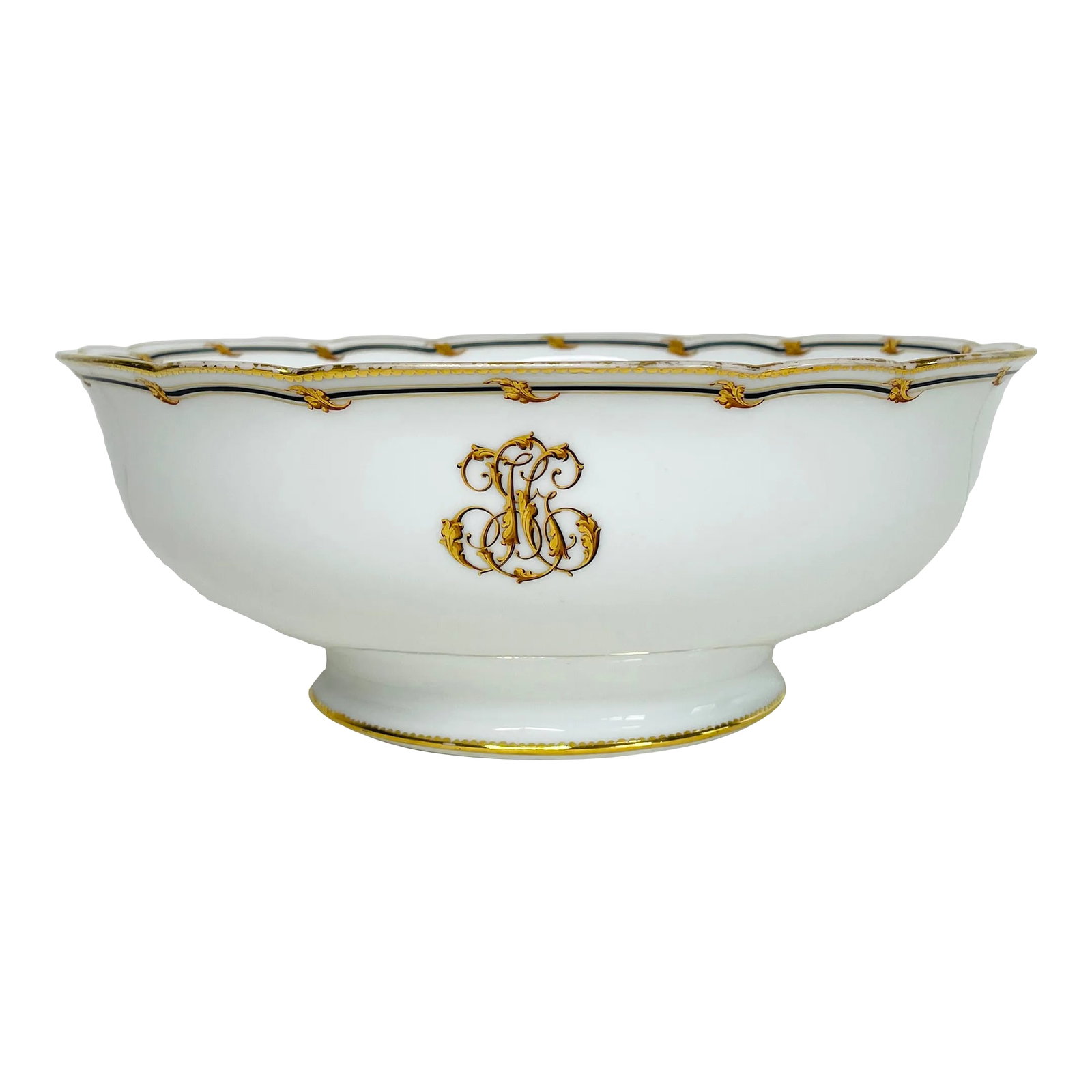 Victorian 1880s Rihouet Lerosey Monogrammed French Footed Trophy Style Serving Bowl: Victorian 1880s Rihouet Lerosey Monogrammed French Footed Trophy Style Serving Bowl. This monumental serving bowl would have been used for large parties or special occasions. This bowl is a testament