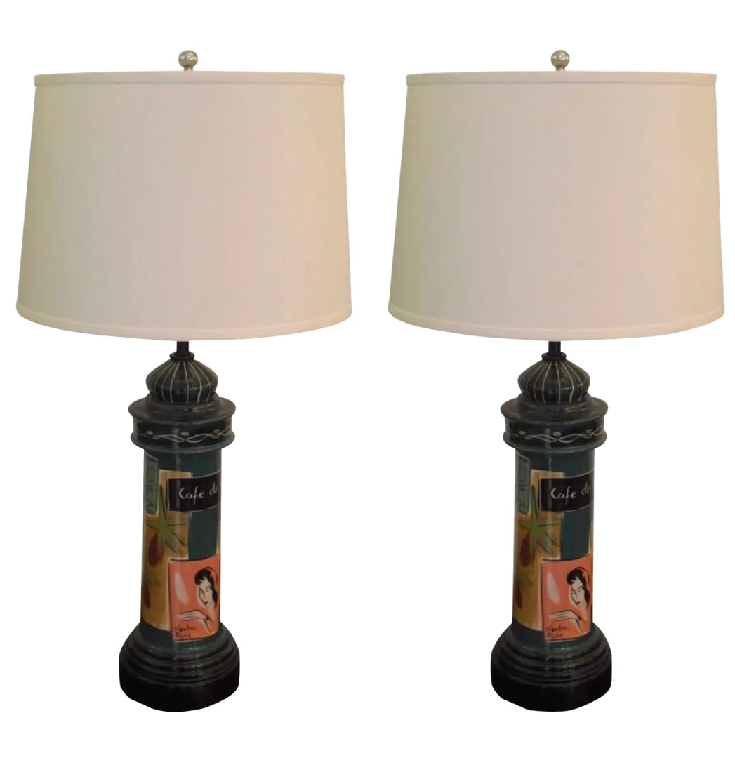 1950s Abstract California Marc Bellaire for California Pottery Table Lamps - a Pair: A fun pair of ceramic 1950s California Pottery lamps by noted designer, Marc Bellaire. These are hand-painted and are one of the best examples of his 1950s whimsical designs.rewired. Shades not