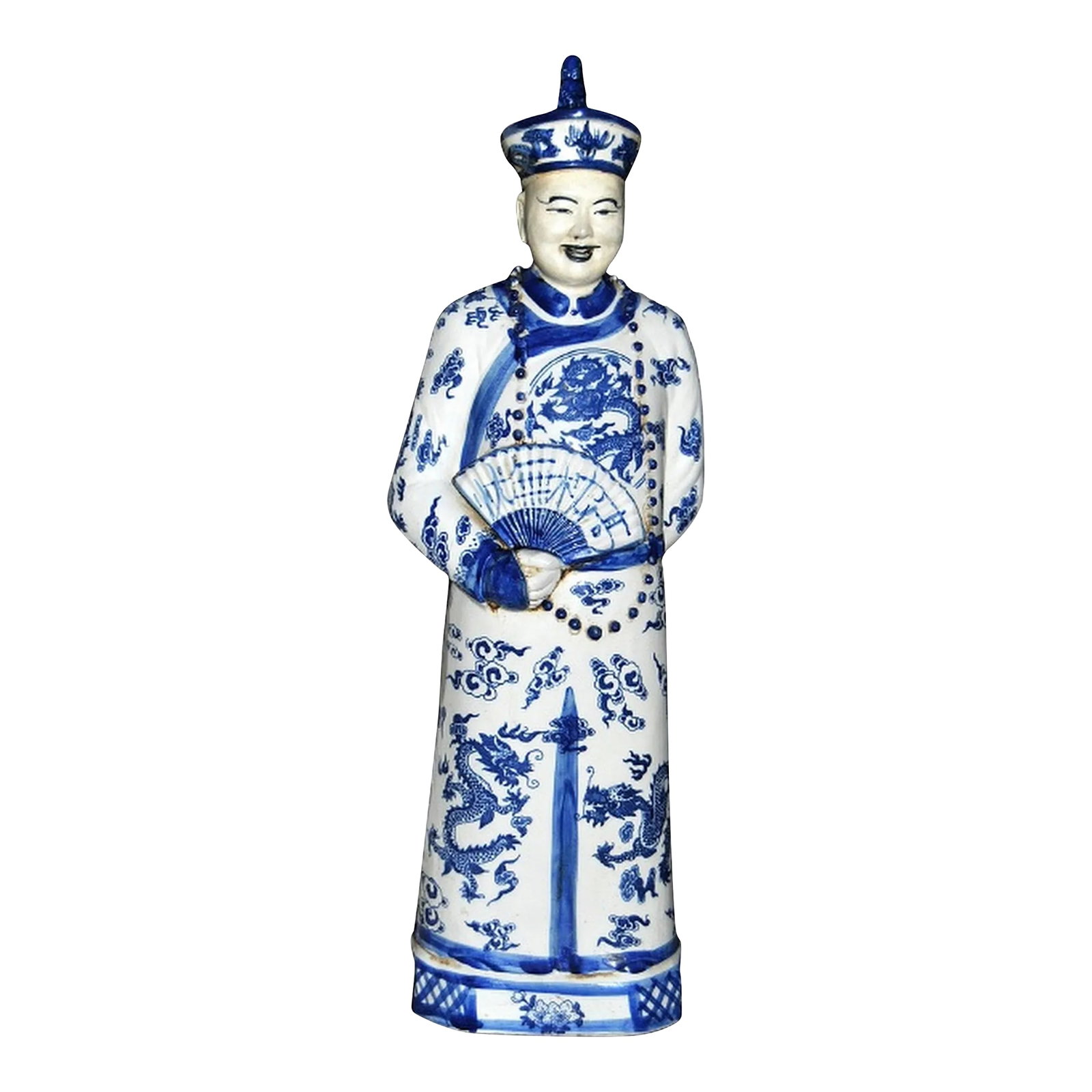 Chinese Blue & White Statuette of Emperor or Figure of Official in Dragon Robe: A Chinese Blue and White Porcelain Emperor Figure of Official in Dragon Robe, possibly an Emperor judging by the Symbols of imperial authority. Emperor's robes used to be decorated with the 'Twelve Sy