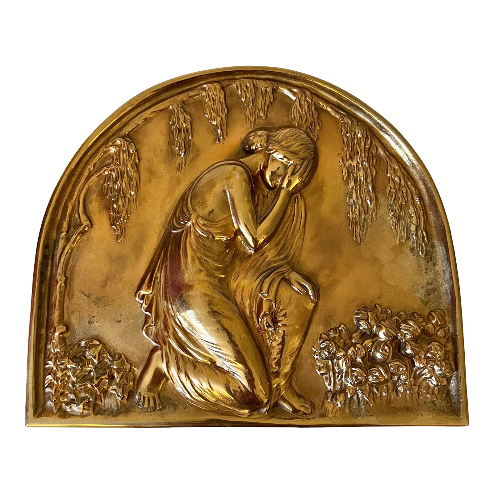 Vintage Bas Relief Arched Wall Hanging: Unique vintage item. 3D bas-relief. Heavy metal could be bronze or brass half circle arch plaque. Carved and molded this has a shiny surface that looks to be painted in gold. Condition: Alterations: O