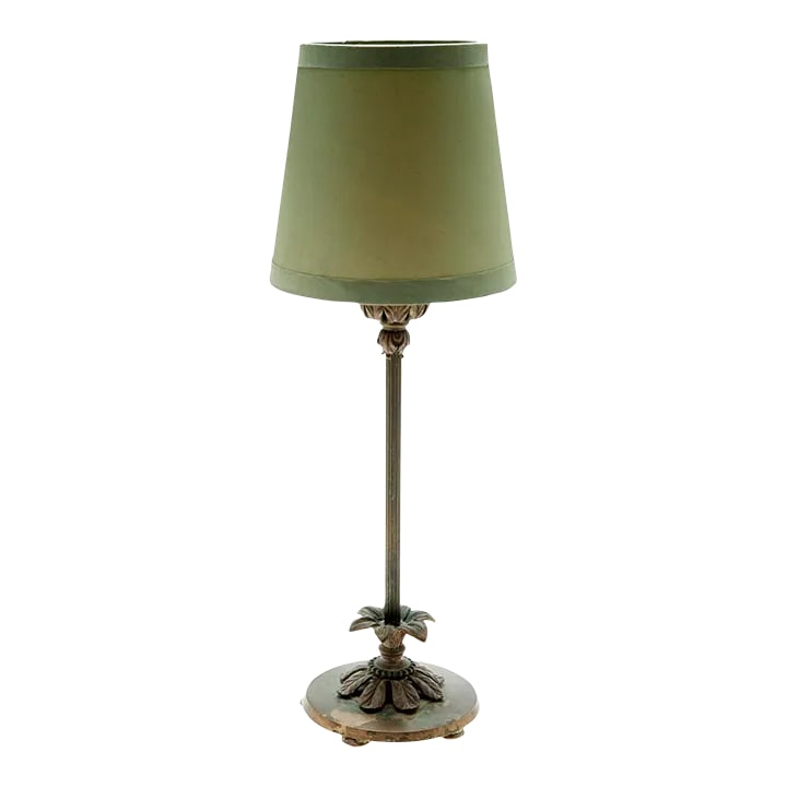 1930s Candlestick Table Lamp With RH Green Silk Shade (1 of 8)