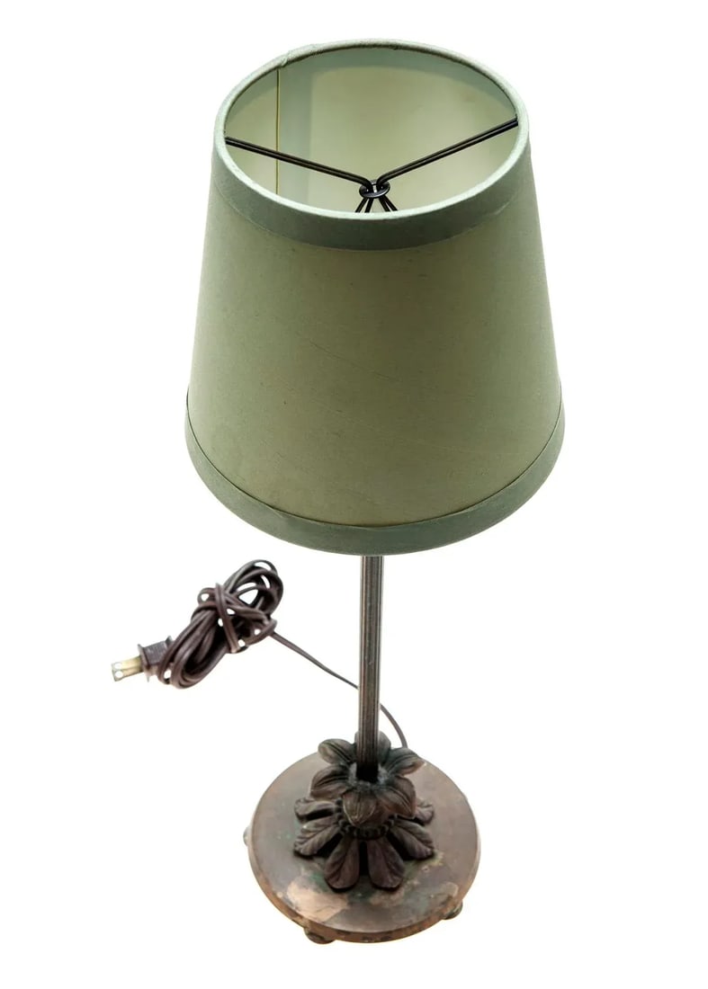 1930s Candlestick Table Lamp With RH Green Silk Shade - 7