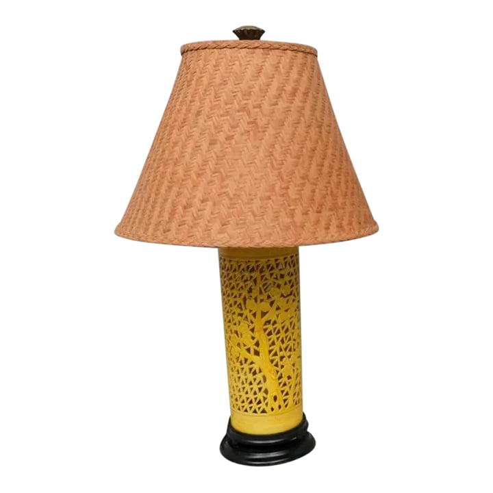 1960s Yellow Metal Open Work Ornate Chinese Chinoiserie Lamp With a Woven Shade (1 of 5)