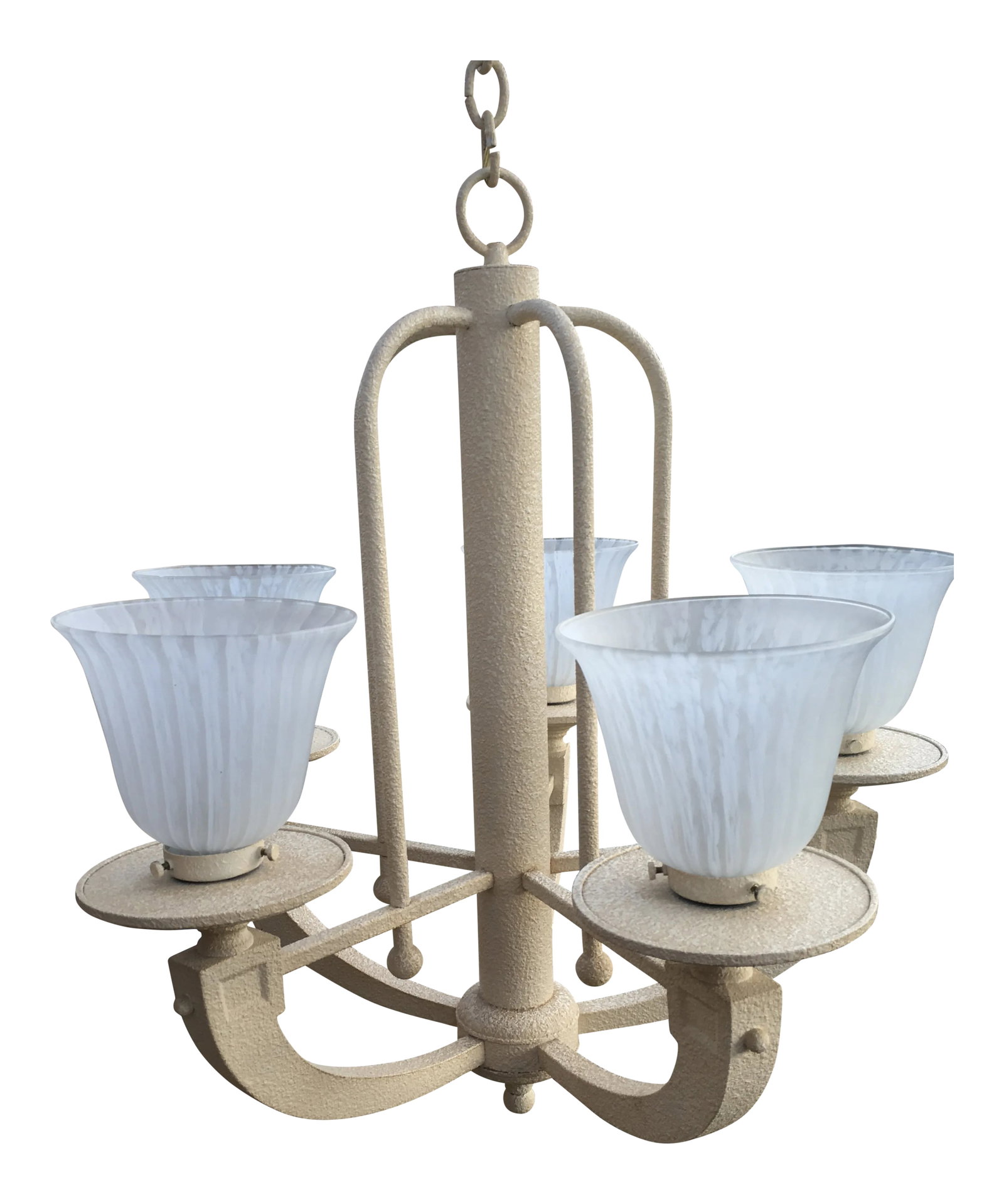 Vintage Fredrick Raymond Neoclassical Chandelier: Vintage Chandelier designed by Fredrick Ramond in 89'. Neoclassic styled iron chandelier with faux stone texture. Masculine feel with color tones. Condition: Alterations: Original Condition Unaltered