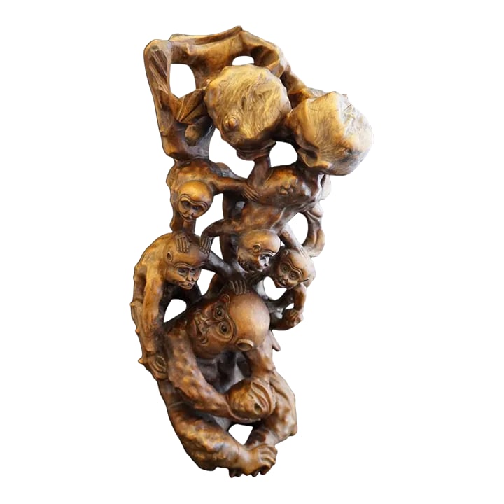 Mid 20th Century Vintage Root Carving of Monkeys and Peaches: Tree Root carving is an established tradition in Chinese art. Chinese scholars, especially those who practice Zen Buddhism, enjoy objects of nature. This sculpture is made from a tree root. The eviden