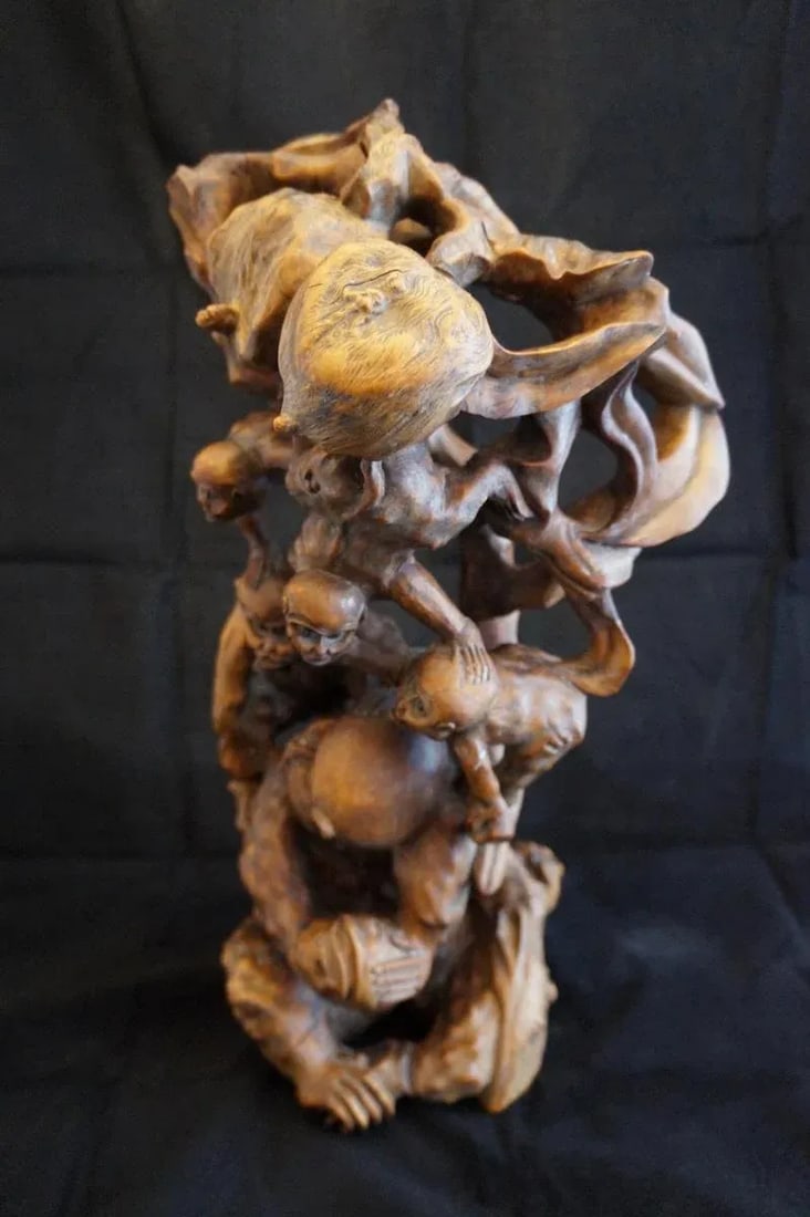 Mid 20th Century Vintage Root Carving of Monkeys and Peaches - 2
