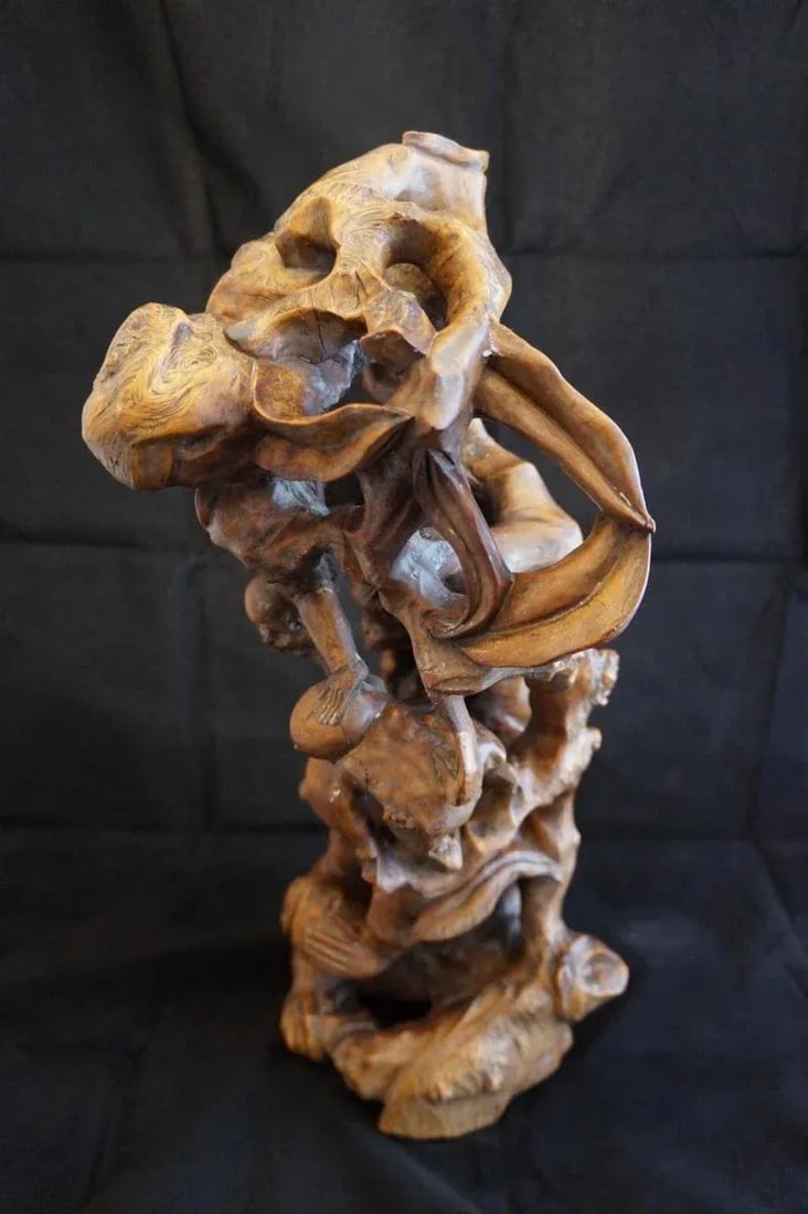 Mid 20th Century Vintage Root Carving of Monkeys and Peaches - 3