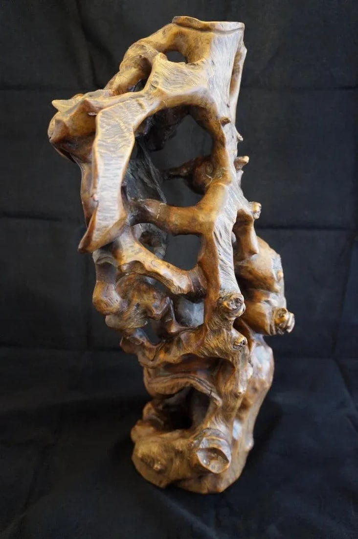 Mid 20th Century Vintage Root Carving of Monkeys and Peaches - 4