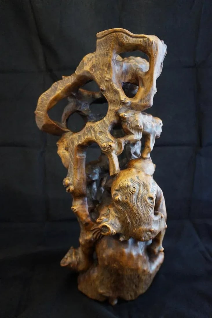 Mid 20th Century Vintage Root Carving of Monkeys and Peaches - 5