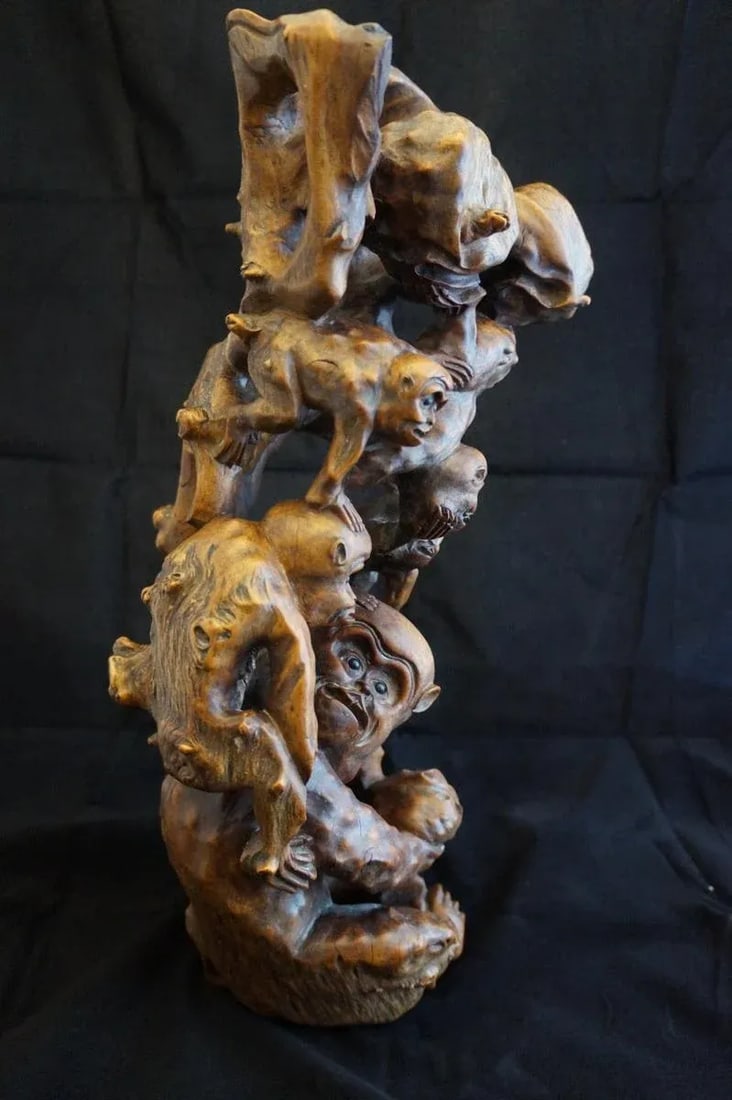 Mid 20th Century Vintage Root Carving of Monkeys and Peaches - 6