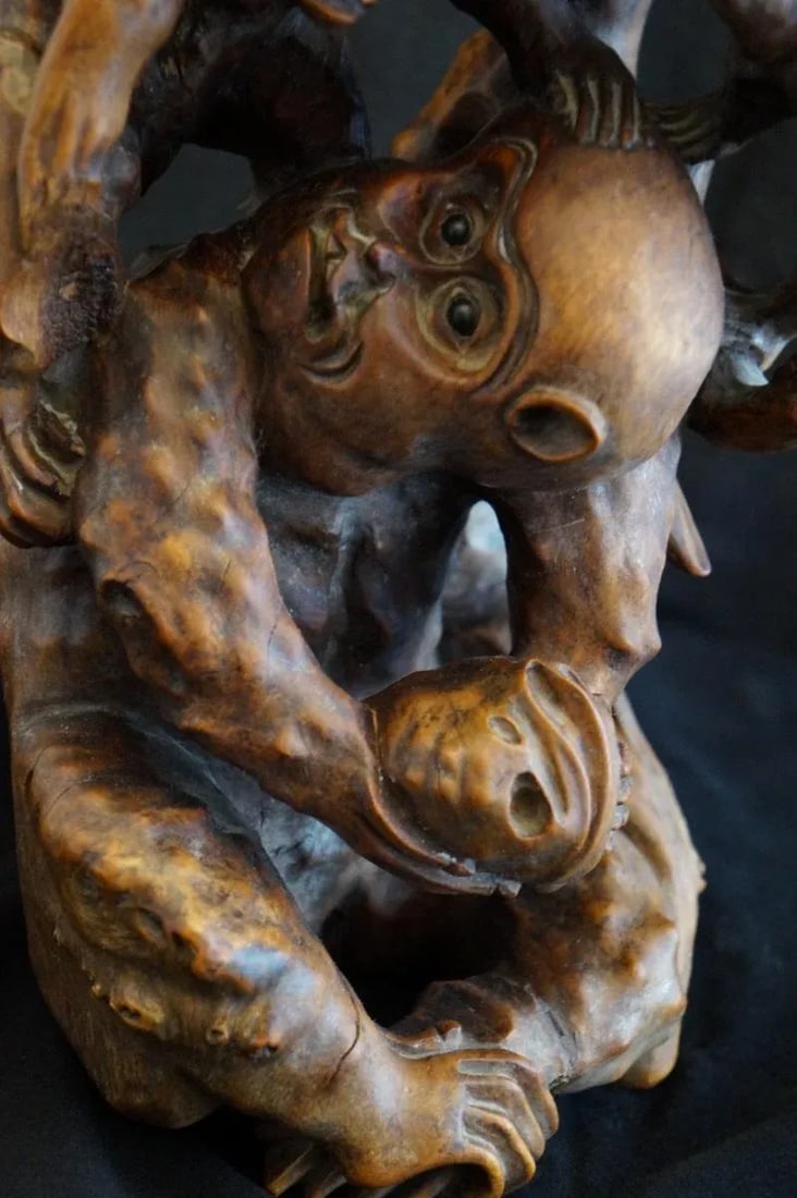 Mid 20th Century Vintage Root Carving of Monkeys and Peaches - 9