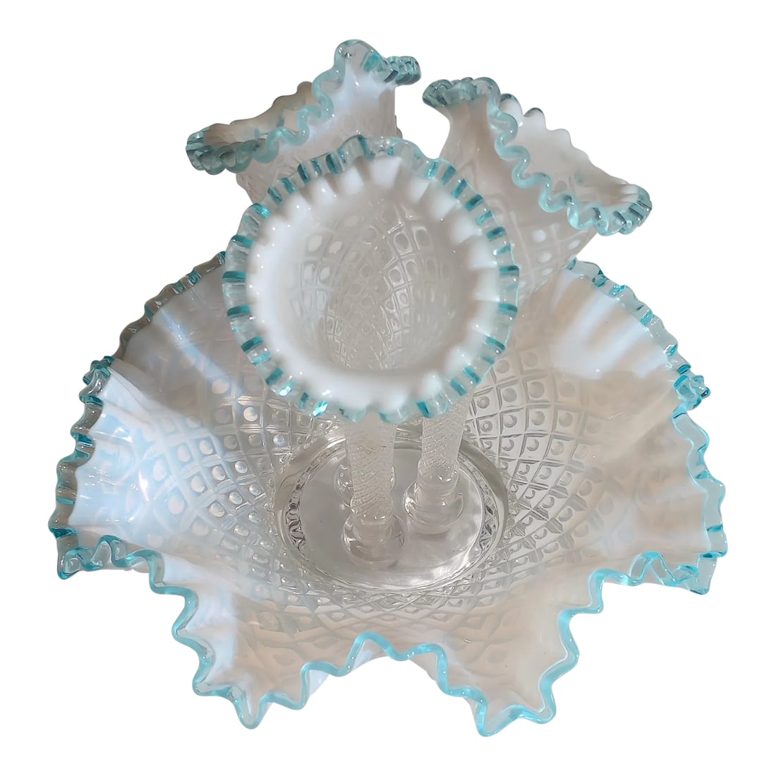 Vintage Fenton Hobnail French Opalescent Aqua Crest Diamond Lace Pattern Epergne Vase (1 of 5)