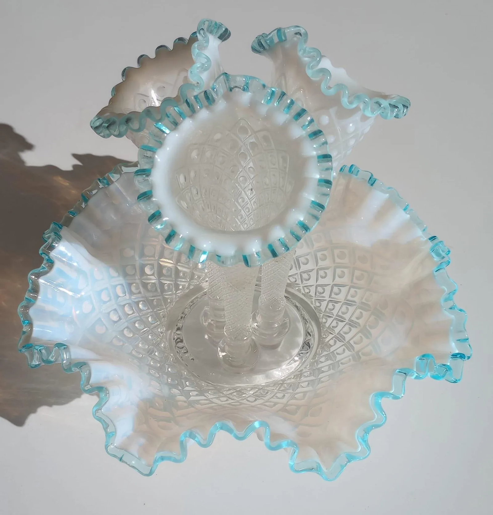Vintage Fenton Hobnail French Opalescent Aqua Crest Diamond Lace Pattern Epergne Vase - 2