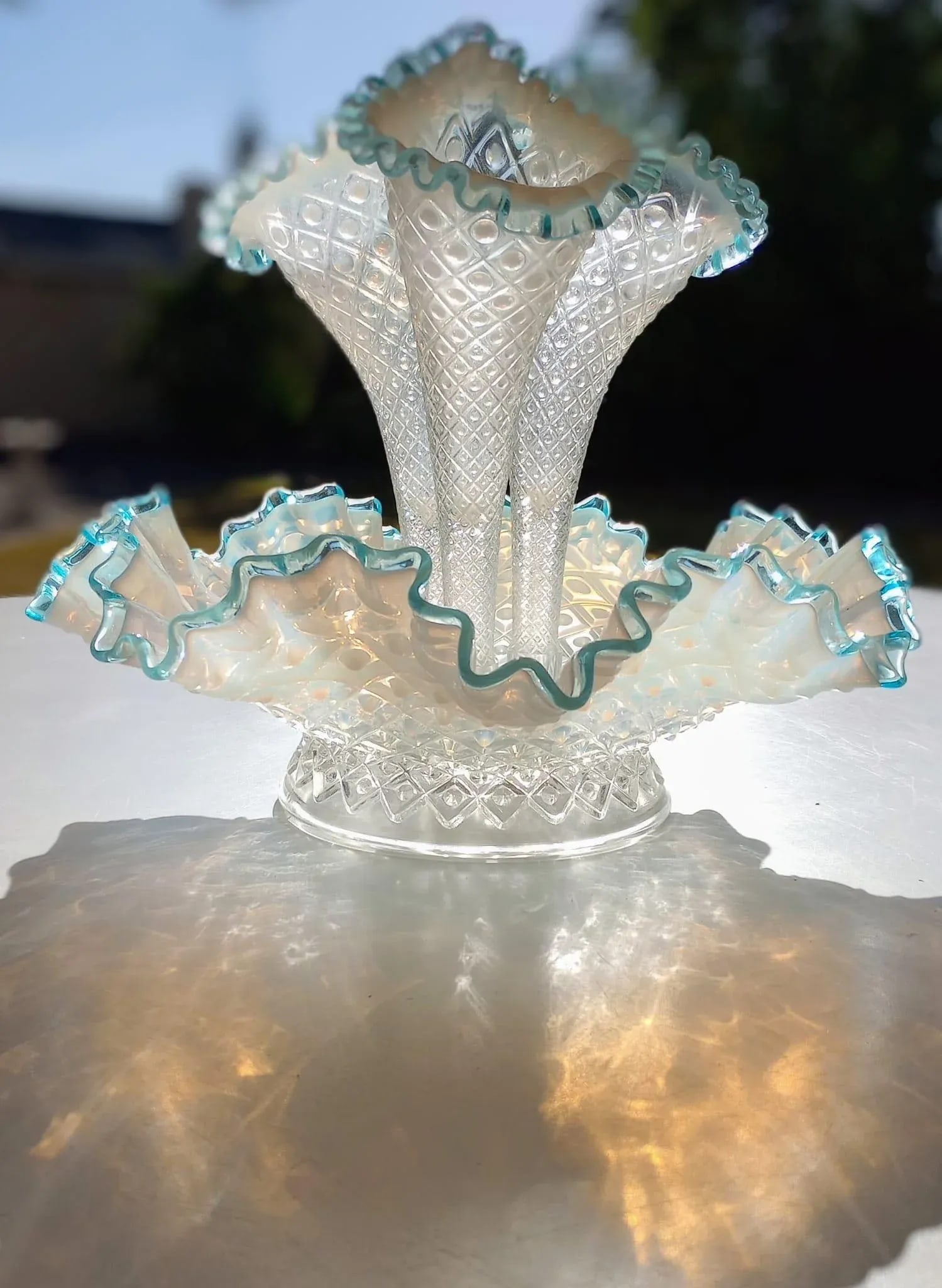 Vintage Fenton Hobnail French Opalescent Aqua Crest Diamond Lace Pattern Epergne Vase - 3
