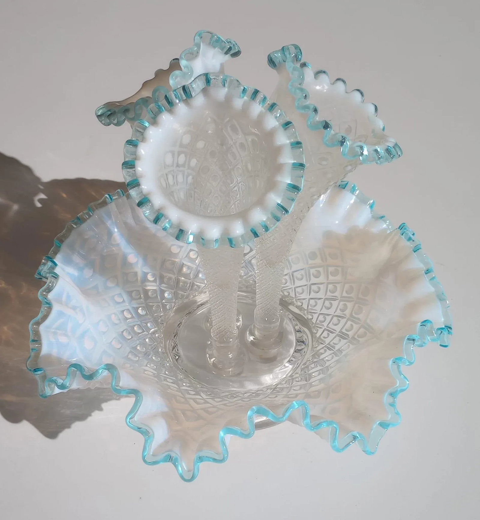 Vintage Fenton Hobnail French Opalescent Aqua Crest Diamond Lace Pattern Epergne Vase - 4