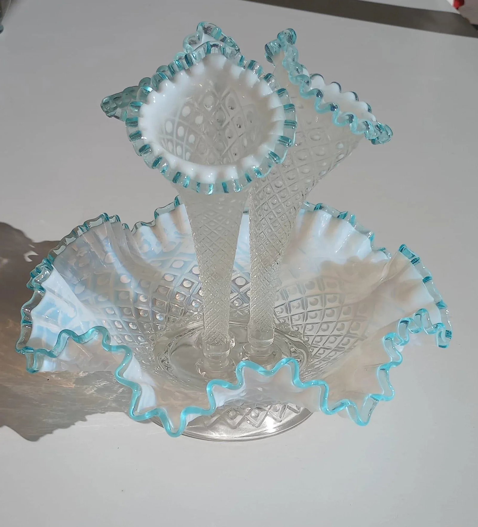 Vintage Fenton Hobnail French Opalescent Aqua Crest Diamond Lace Pattern Epergne Vase - 5