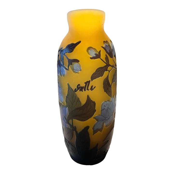Mid 20th Century Art Nouveau Galle Style Cameo Vase: Emile Galle Cameo style Vase in beautiful layers of deep green, lighter blues and yellow/gold. Florals and leaves on a lovely backdrop. The richness of the colors draw one into this lovely French vase