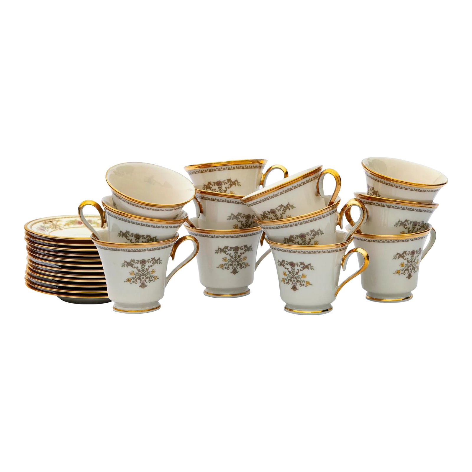 1970s Lenox "Castle Garden" Footed Cups & Saucers Set- 12 Pieces: Lenox Castle Garden footed cups & saucers in shades of pastel shades of pinks, blues & liliac with gold rim. Condition: Alterations: Original Condition Unaltered Imperfections: Some Imperfections