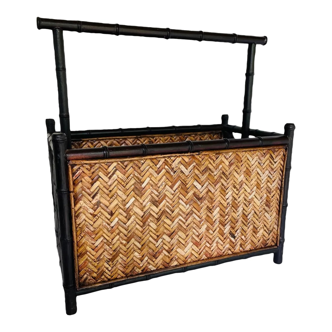 Mid 20th Century Vintage Palecek Bamboo and Reed Magazine Holder: Vintage Palecek magazine holder features faux bamboo with reed panels. These vintage pieces has beautiful lines with a chinoiserie inspired form. Prefect for not only magazine and book
