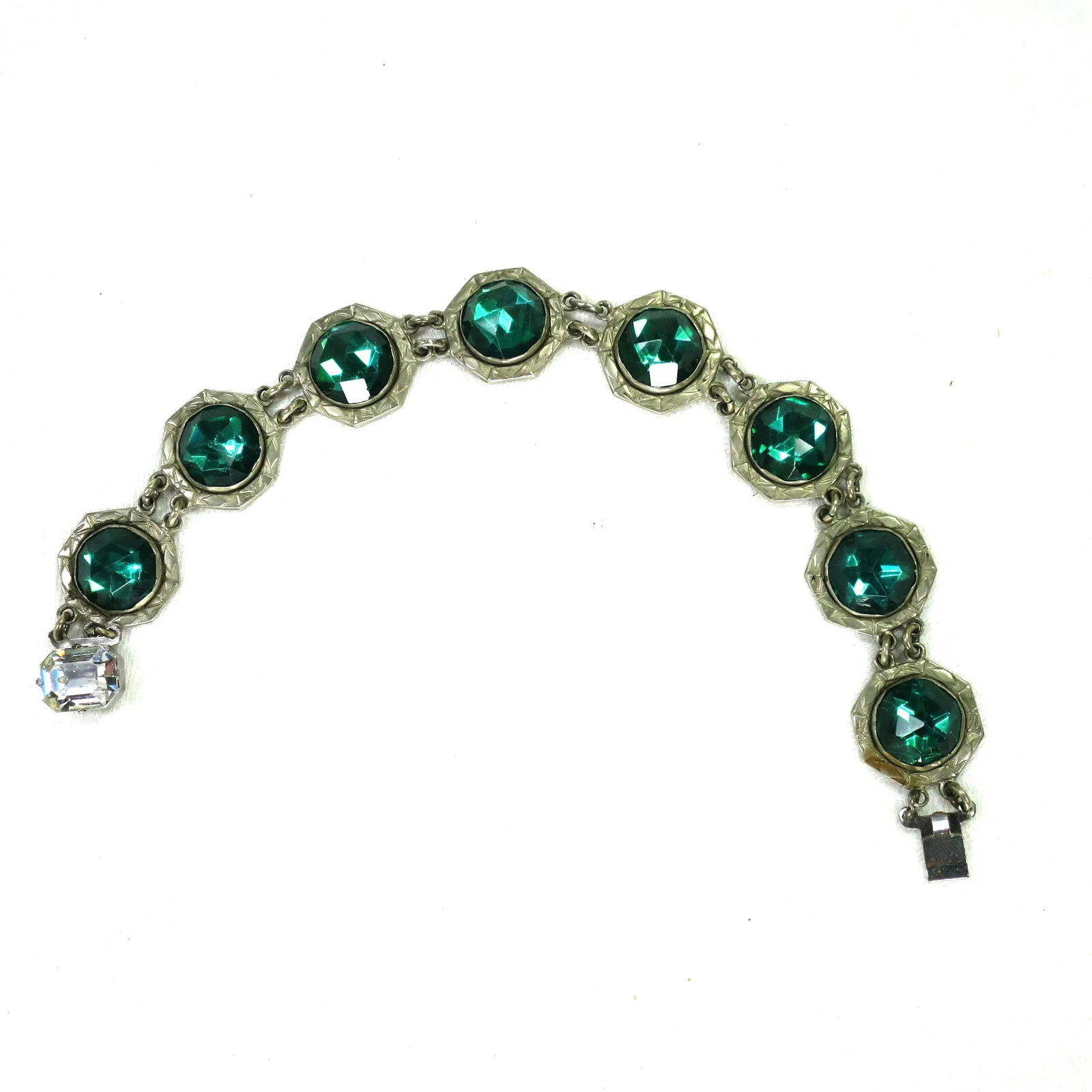Vintage 1920s Art Deco Emerald Vauxhall Glass Bracelet - 4