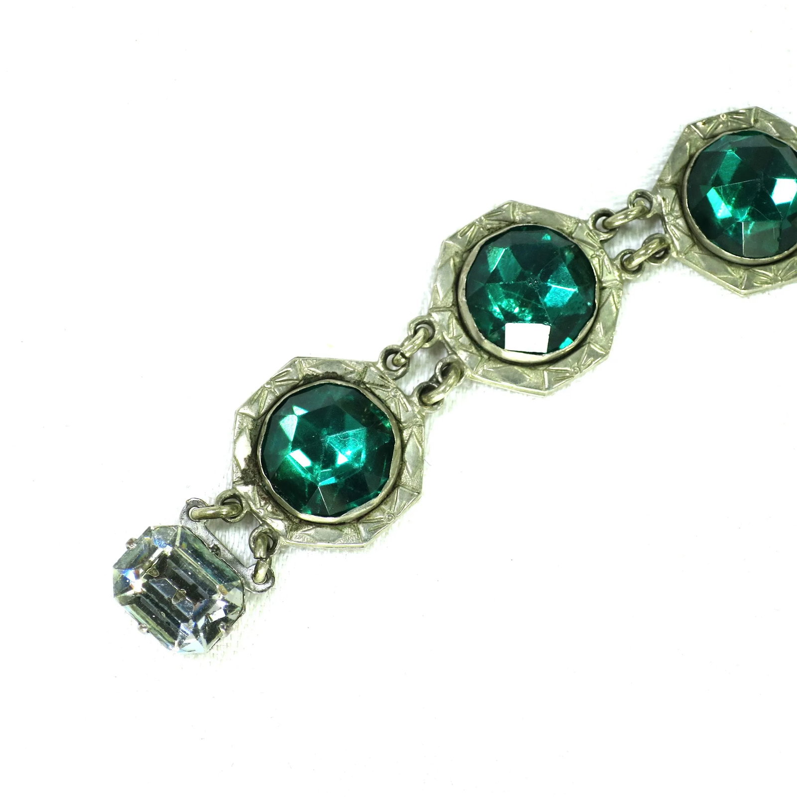 Vintage 1920s Art Deco Emerald Vauxhall Glass Bracelet - 6