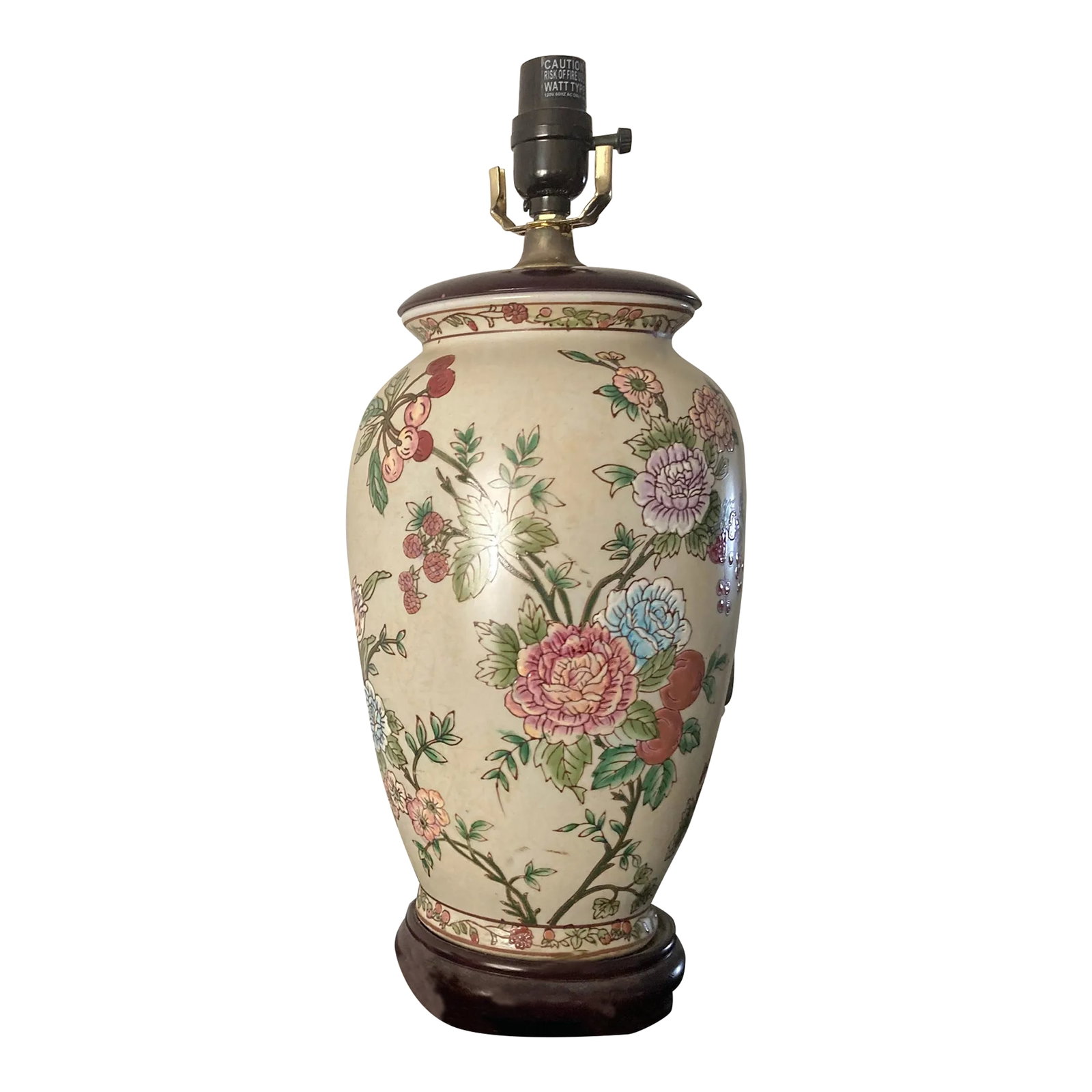 Vintage Mid 20th Century Matte Porcelain Chinese Floral Lamp: This beautiful rare vintage lamp is in very good vintage condition. There are no cracks, chips, scratches, or fading on the porcelain, and the wood base has some scratches, as you would expect in a