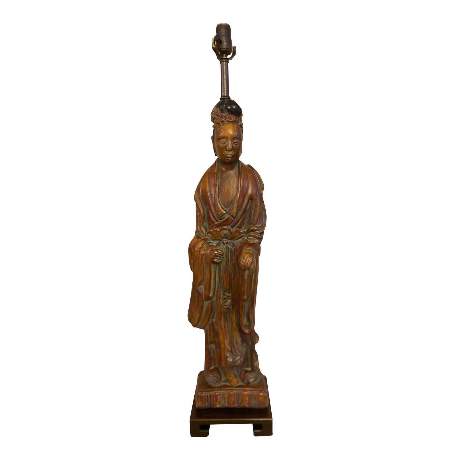 1940s Hollywood Regency Goddess Quan Yin Lamp: This beautiful lamp in the style of Frederick Cooper, represents the goddess Quan Yin, which means "she that hears the cry of mercy." The original harp and finial are included. Measurements are taken