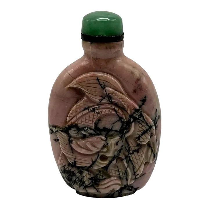 Vintage Pink Rhodonite Snuff Bottle With Dragon Carving: Pink Rhodonite, also called Peach Blossom Jade is a manganese metasilicate mineral. It is so named because of the Greek word meaning "a rose" for its rose pink color. It was originally found in the