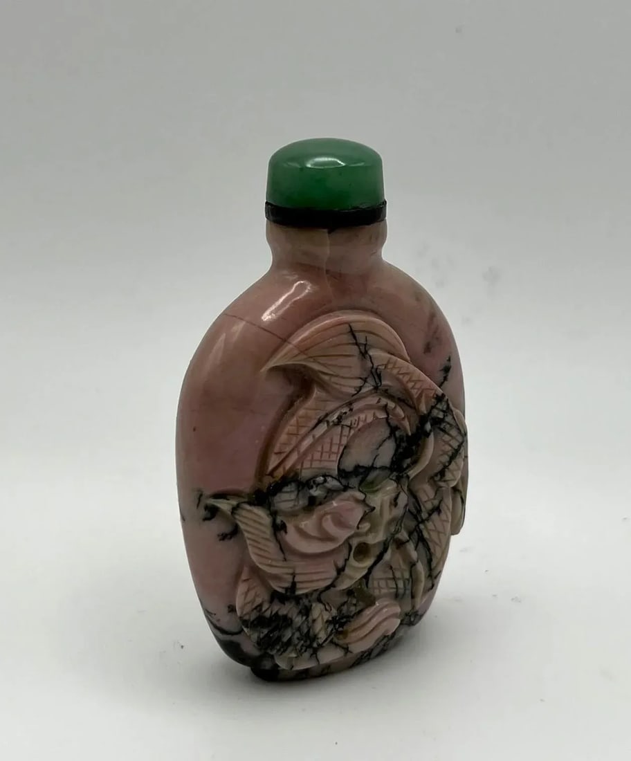 Vintage Pink Rhodonite Snuff Bottle With Dragon Carving - 2