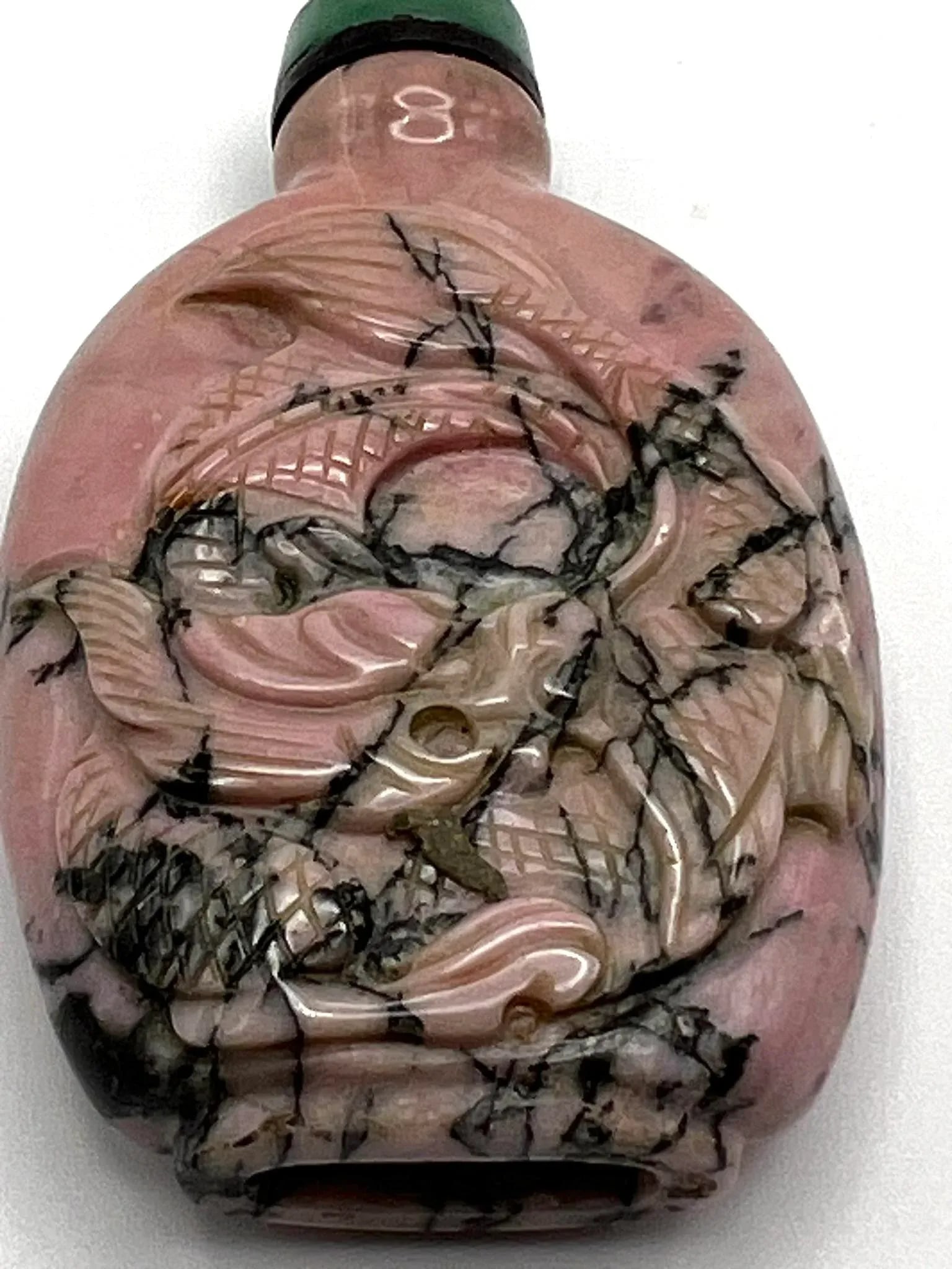 Vintage Pink Rhodonite Snuff Bottle With Dragon Carving - 5