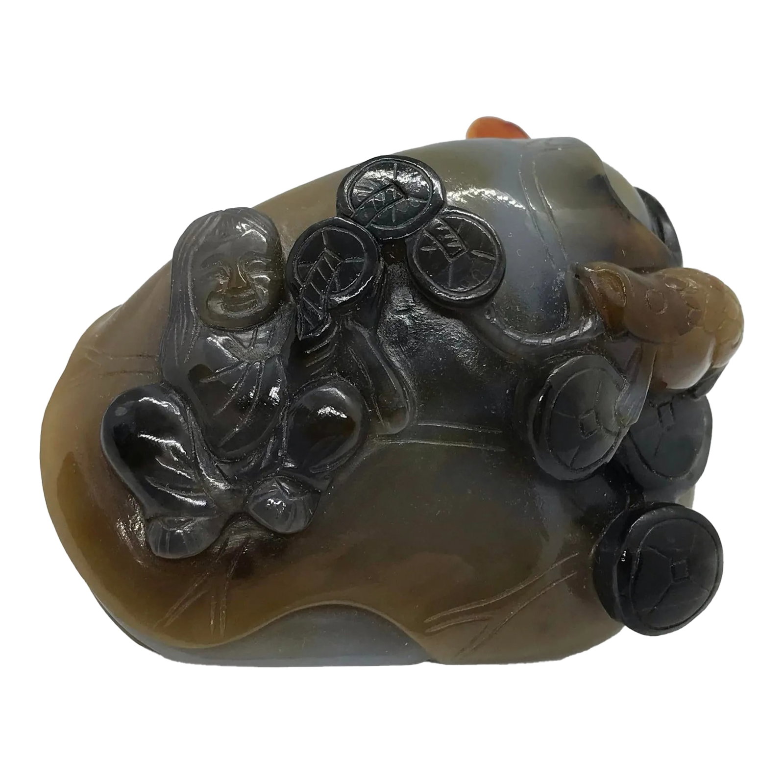 Vintage Agate Pebble With Carving of Liu Hai and Golden Coins: Once in a while a snuff bottle carver will see something more in a small stone than the traditional bottle shape. This is a fun creation of a grey, tan and black agate pebble. The highlight of the bot