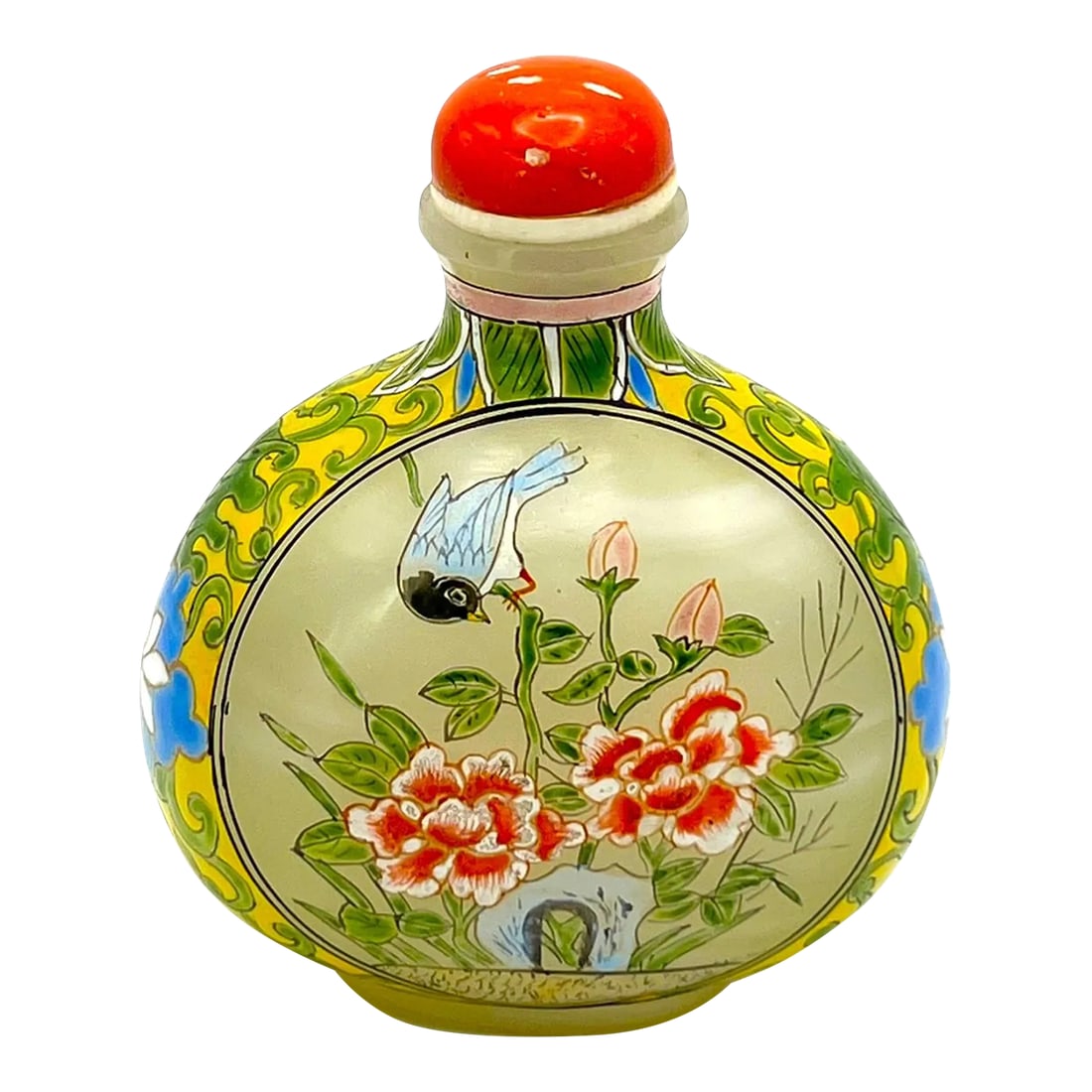 Vintage Painted Milk Glass Snuff Bottle With Qianlong Mark: The painted enamel snuff bottles in the Palace Museum collections in the famille rose palette are the most beautiful and pleasing to the eye. The paintings in bright blues and rose and greens and