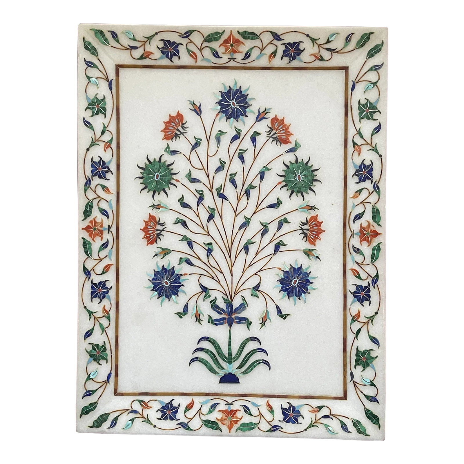 Early 20th Century Floral Stone Inlaid Decorative Tray: A beautiful traditional stone platter, inlaid with a variety of hand shaped stones traced in brass. The platter features a central panel showing a rounded tree with dark blue flowers accented with