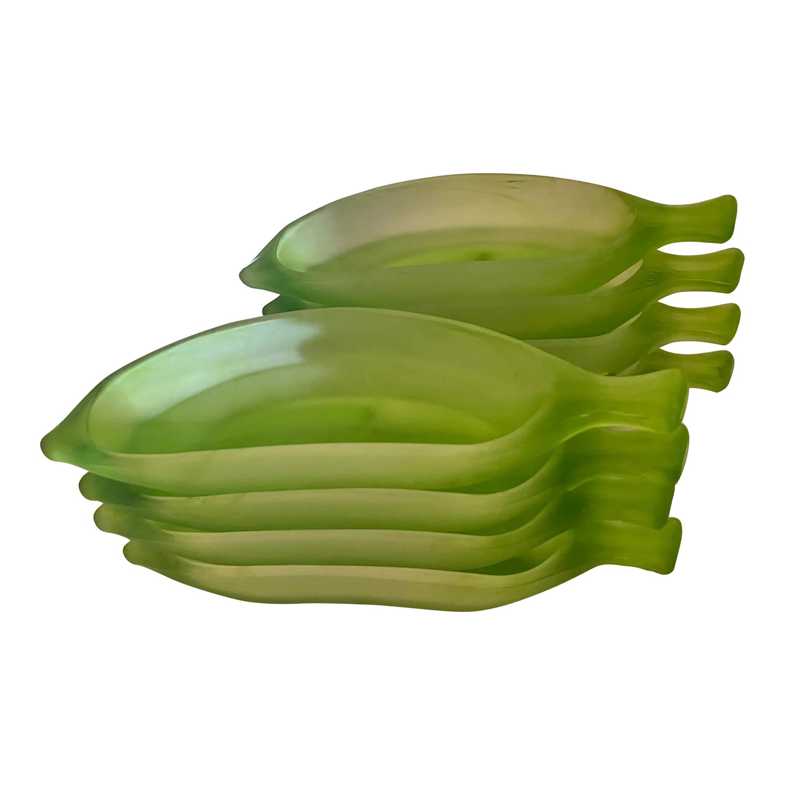 Vintage La Rochere France Frosted Green Glass Small Serving Dish - 8: 1970s Heavy Frosted Green glass. Shaped as a banana or boat. Perfect for serving dessert, banana split. Can use these for anything extra side dish to a dinner plate or buffet style items. Made by La