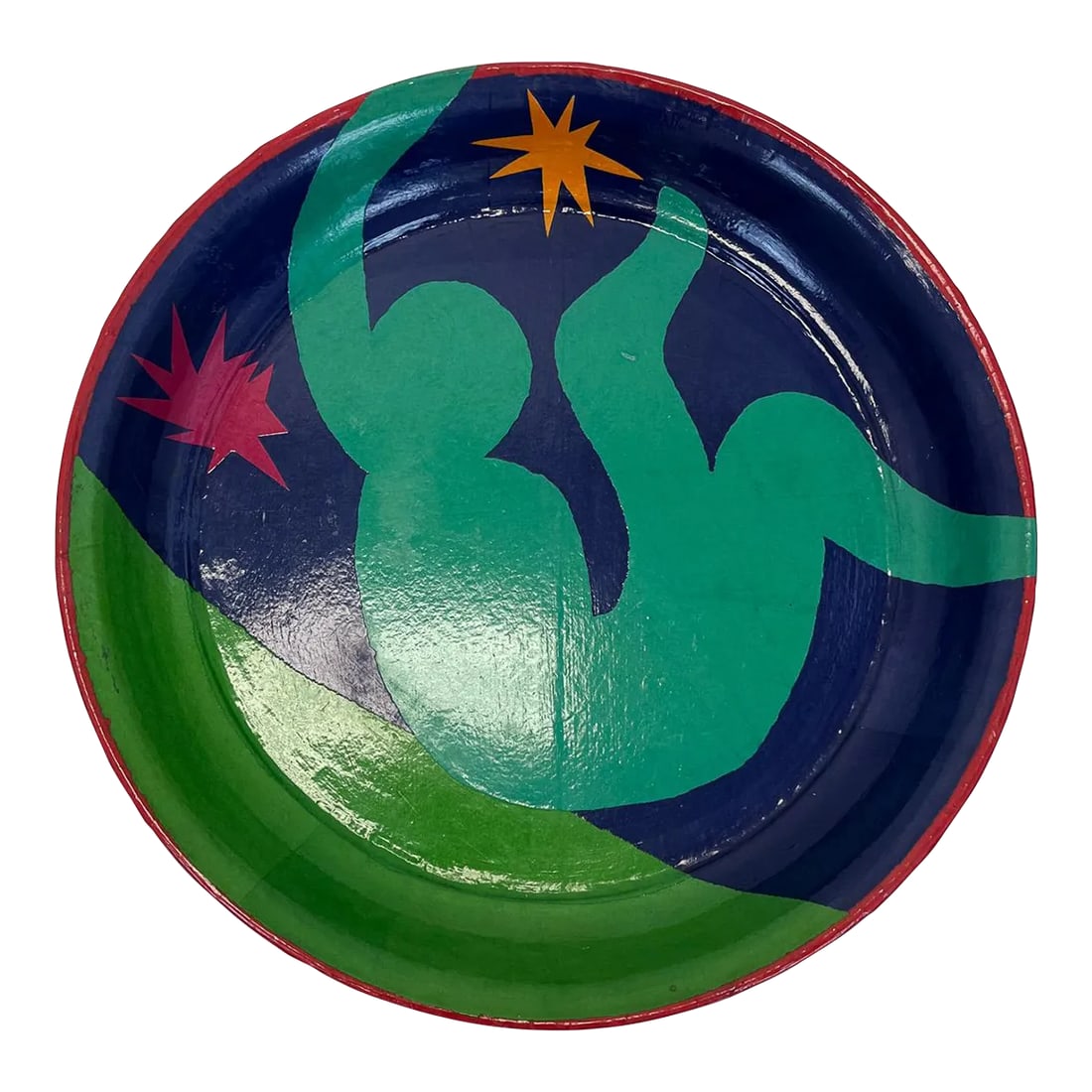 Matisse Inspired Decoupage Platter: A Henri Matisse inspired decoupage circular platter. A fun and bright eye-catching design showcasing a form in movement. With a pop of red on the back of the platter. Condition: Alterations: Original