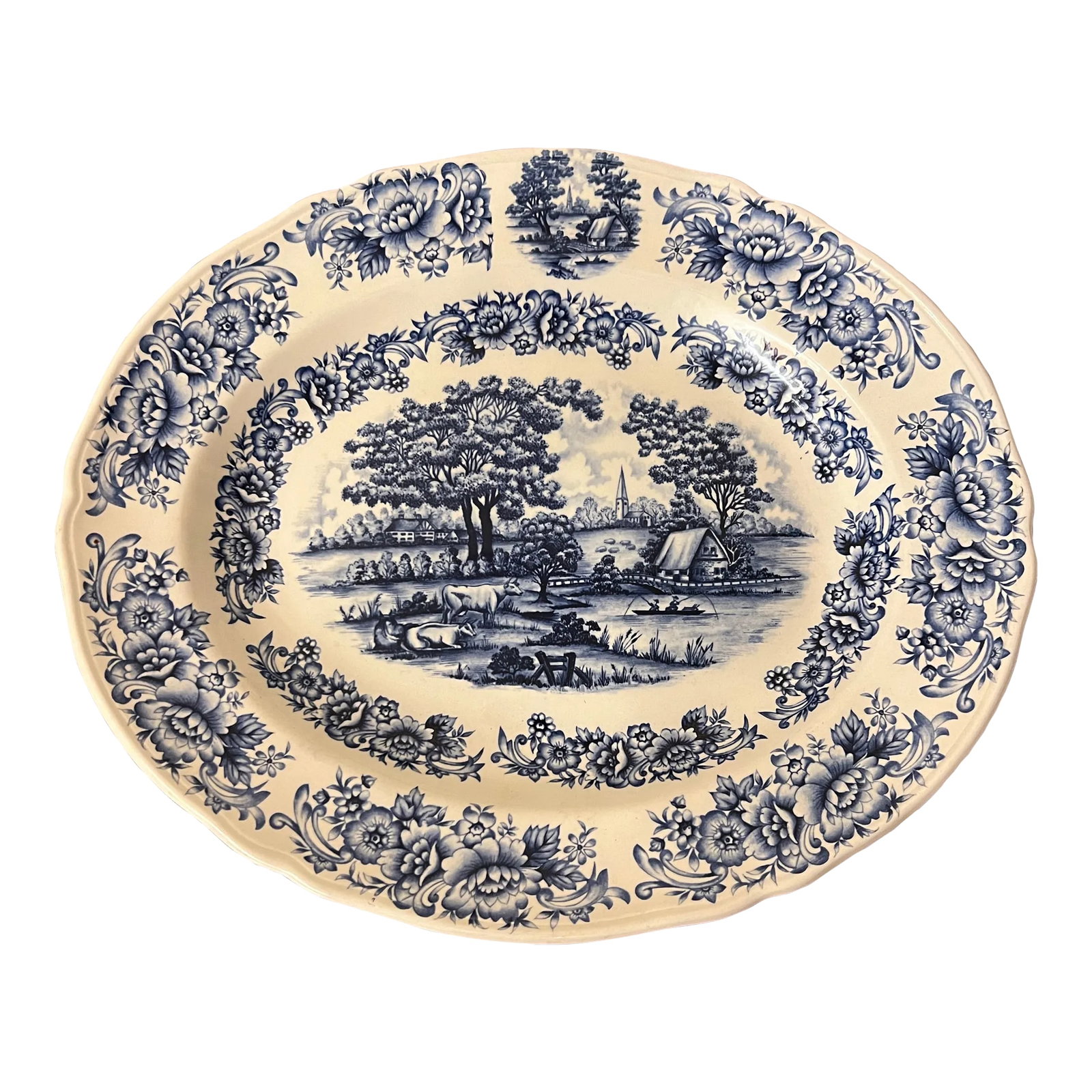 1980s Vintage Blue Country Scene Platter by Myott Staffordshire: 1980s Home Country Oval Platter. Made by Myott Meakin Staffordshire in England. Blue farm scene. I have other matching items listed separately. Contact me if interested. Condition: Alterations: